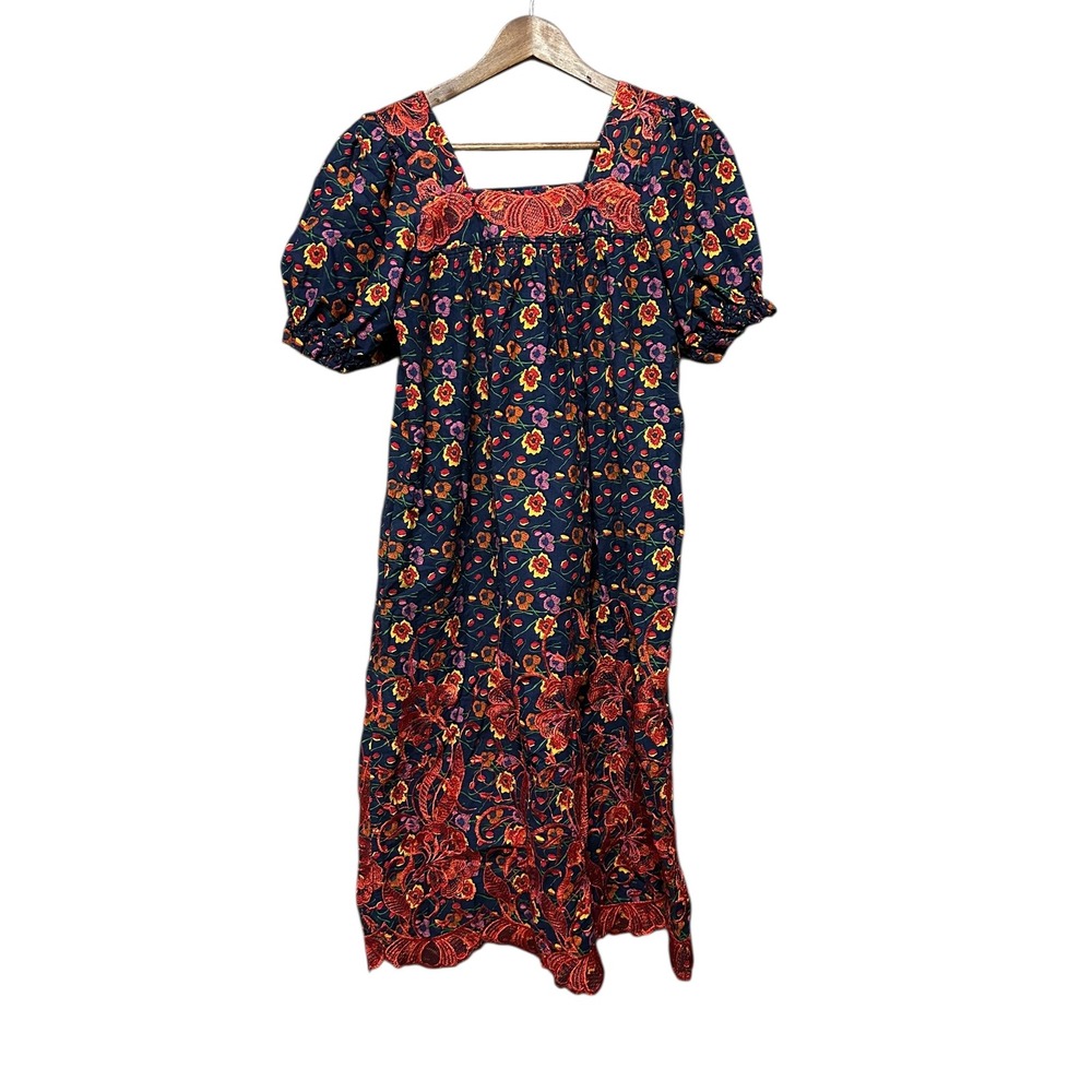 Floral Maxi Dress Square Neck Puff Sleeve Bohemian Navy Red Yellow